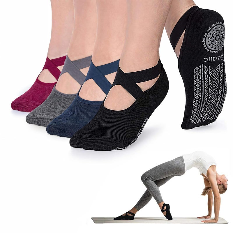 Ozaiic Pilates Socks for Women Non Slip Grip, Yoga Socks with Grippers for Barre, Hospital, Ballet, Dance, Barefoot Workout (4 Pairs - Black/Navy/D.gray/Burgundy) - Image 1